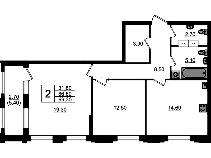 2-комнатная квартира 69.3 м², 8/13 эт., ЖК «Тайм Сквер»